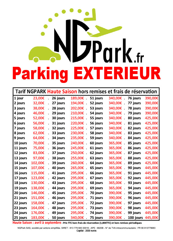 Tarif parking extérieur NGPark Haute Saison